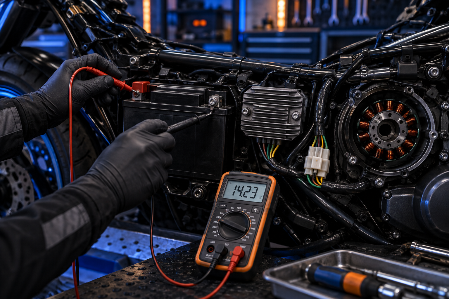 Batterie und elektrische Anlage eines Motorrads bei der Prüfung